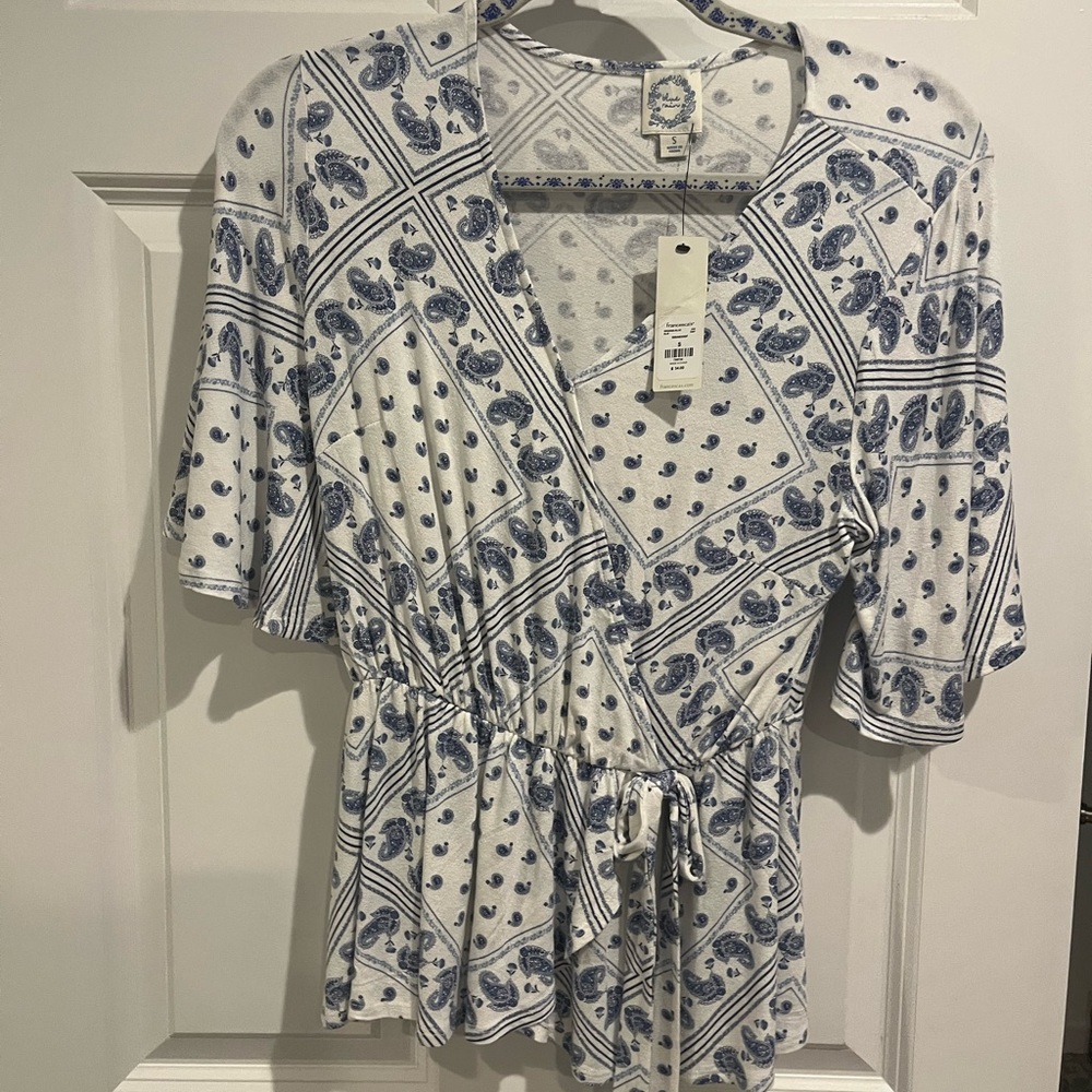 Blue and White Patterned Women's Top